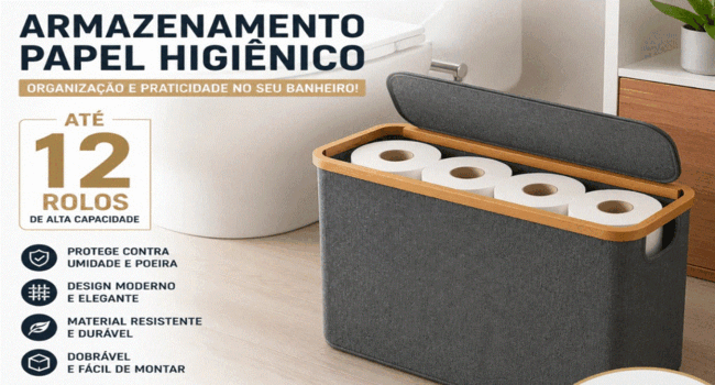 Cesto Organizador Papel Higiênico Banheiro Tampa Multiuso bambu